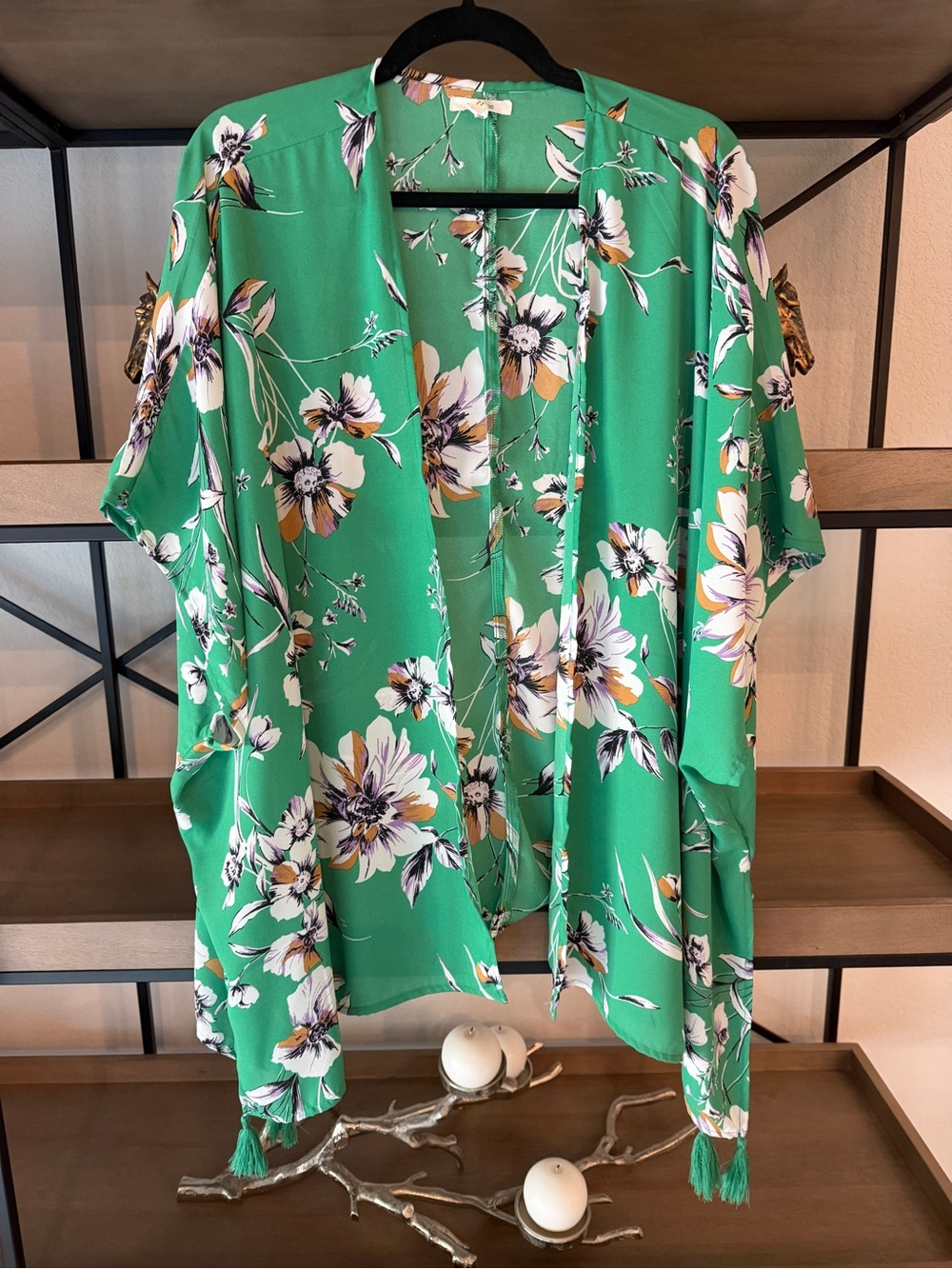 Maurices Green Floral Open-Front Kimono with Tassels